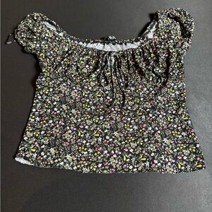 Love Tree Black Floral Smocked Off-Shoulder Crop Top